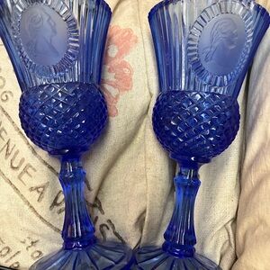 Vintage Fostoria Avon Cobalt Blue Glass George Washington 8" Set of TWO Goblets